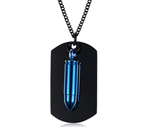ZDBDH Personalized Keepsake Memorial Cremation Jewelry Military Stainless Steel Dog Tag Bullet Urn Pendant Necklaces for Ashes Men's Necklace for Pet Human Ashes,Bereavement Gift,Black&Blue