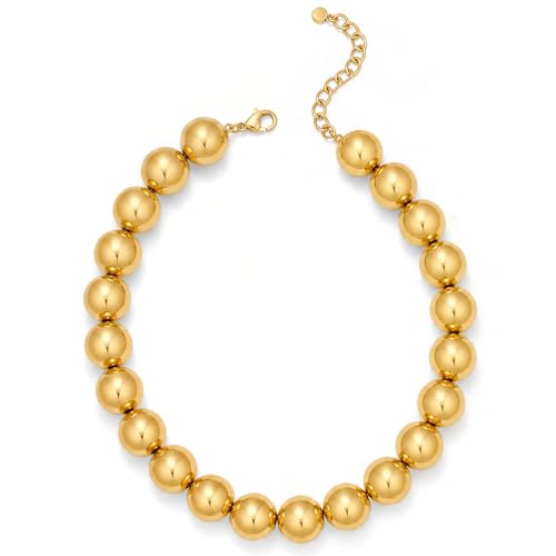 FAUTHENTICUTE Chunky Gold Beaded Necklace for Women Large Round Beads Statement Choker Necklace With Adjustable Extender Chain Trendy Gold Bead Necklace Fashion Boho Summer Beach Jewelry Gifts