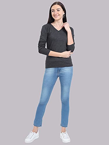 Image of FLEXIMAA Women's Cotton Plain V Neck Full Sleeve T-Shirt