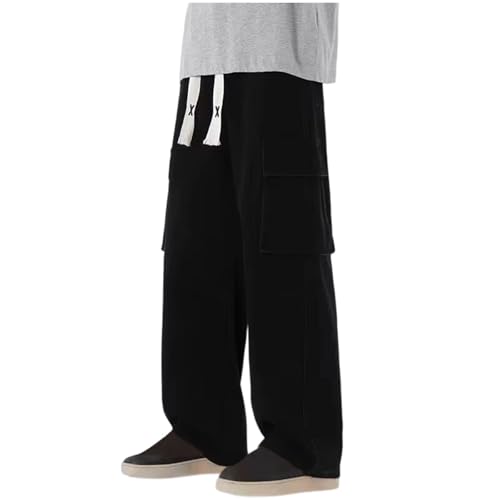 Drawstring Jeans for Men High Elastic Waisted Jeans Loose Pockets Cowboy Pants Fashion Solid Straight Trousers