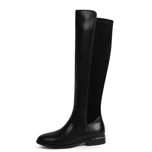Image of Modatope Rounded Toe Flat Stretchy Dress Knee High Boots Side Zipper | Suede Elastic Fall Winter Boots, Low Chunky Block Heel Riding Boots,2026 Fashion Womens Tall Long Boots