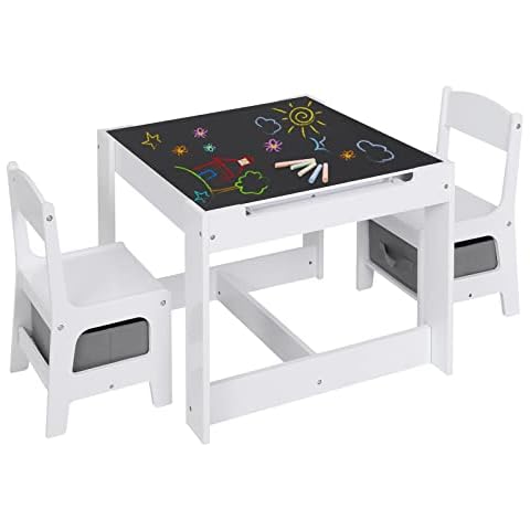 Lestarain Children’s Table and Chair Set with Storage Kids Desk with 2 Chairs Reversible Tabletop Blackboard Paper Roll, for Toddler, Nursery, Playroom, Preschool Furniture Cover