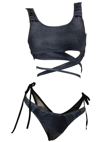 MEOWCOS Future Dystopian Wasteland Style Black Grey Swimsuit Straps Top and Triangle Bikini Bottoms with Arm Sleeves