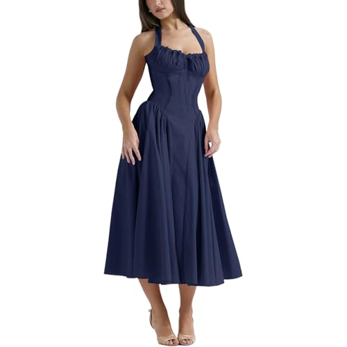 Image of Women Floral Corset Dress Halter Neck Low Cut Bustier Lace Midi Dress Flowy Pleated Hem Long Sundress with Pockets