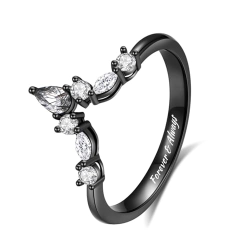 Stackable Black Rings for Women - Curved Stacking Wedding Bands, Black Rutilated Quartz/Moss Agate & Cubic Zirconia Engagement Rings for Her