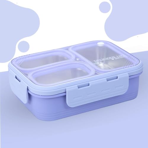 Image of Stainless Steel Lunch Box | 3-Compartment Leakproof & BPA-Free Bento Box | Insulated with Detachable Inner Containers & 4-Sided Lock | Ideal for Office, School, College & Travel | Lavender