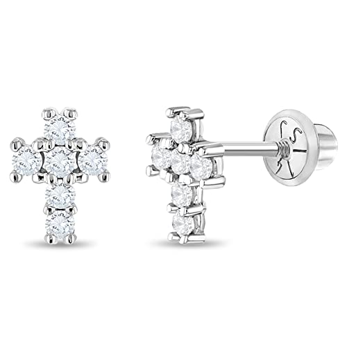 14k White Gold Tiny Clear Cubic Zirconia Religious Cross Screw Back Earrings for Girls, Small Stud Earrings for Toddlers - Little Cross Earrings for Children, Elegant Studs for Kids