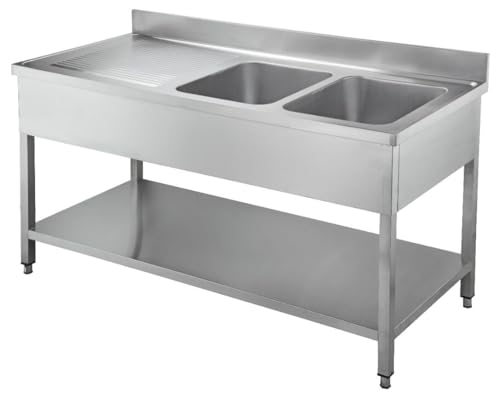 Arredo Chef Plonge INOX pour Cuisine Professionnelle, Bar, hôtel, Restaurant, collectivité.… (160 x 70 x h 95 cm, 2 Bacs à Droite)