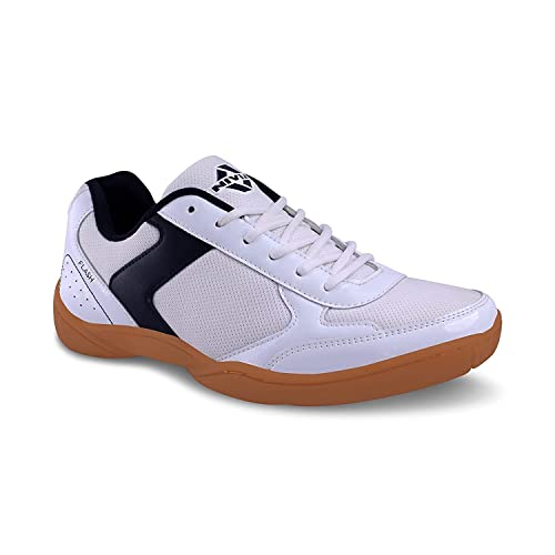 Nivia Flash Shoe Badminton Shoes for Mens, Rubber Sole with PVC Synthetic Leather Upper and mesh for Sports, Badminton, Volleyball, Squash, Table Tennis, (White Blue) UK - 6