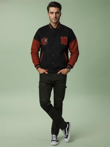 Image of CHKOKKO Men's Oversized Varsity Jacket with Snap Button Closure and Patch Design Trendy Comfortable Outerwear for College Travel and Casual Wear
