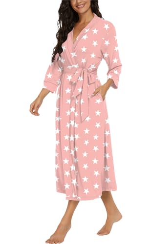 Image of VINTATRE Robes for Women Long Knit Bathrobe XS-4XL | 3 /4 Sleeve Bathrobes with Pockets, Stretchy and Lightweight Fabric, Inner Tie and Fixed Outer Matching Belt, Mid Calf Length