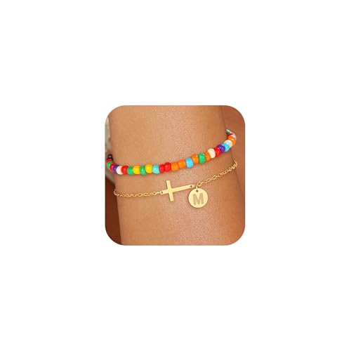Decholly Teen Girl Gifts Trendy Stuff - 4 5 6 7 8 9 10 11 12 13 14 15 16 Year Old Birthday Gifts for Tween Teen Teenage Girl Gift Idea, M Cross Initial Bracelet Girls Kids Jewelry
