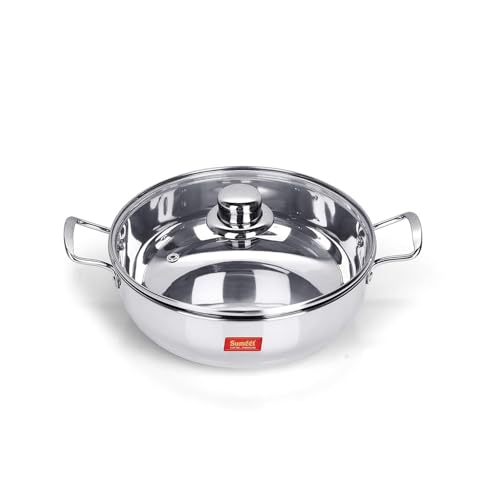 Image of Sumeet Stainless Steel Induction Bottom (Encapsulated) Kadhai with Glass Lid Size No.11 (1.5 litres, 20.5 x 20.5 x 6.6 Cm)