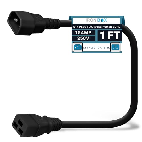 IronBox Electric - Heavy-Duty C14 to C19 Power Cord, 15A, 250V, 14/3 SJT - IEC60320 PC Cable for Computer Extensions, Monitor, PSU - C14 Male to C19 Female Connector Power Cable - (Black 1 Foot)
