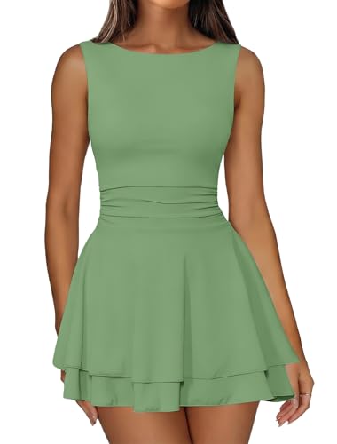 Image of IWD Women's Boat Neck Sleeveless Mini Dress Ruched Waist Flowy Tiered Ruffle Hem A Line Party Short Dresses