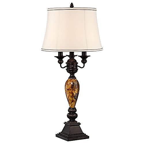 Kathy Ireland Mulholland Traditional Vintage Table Lamp With White Usb Charging Dimmer Cord 37" Tall Bronze Golden Marbleized White Bell Shade For Living Room Bedroom House Bedside Nightstand #TOP17