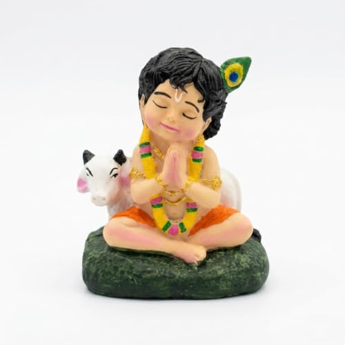 Image of Bal Gopal Krishna Statue with Holy Cow - Small Resin Krishna Idol for Puja Room, Living Room Decoration Items, Janmashtami Gift & Home Inauguration Return Gifts