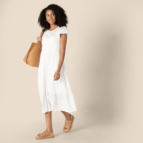 Amazon Essentials Women's Relaxed-Fit Cotton Sateen Crewneck Tiered Midi Dress with Flutter Sleeves, Back Button Closure, White, X-Small - image 4