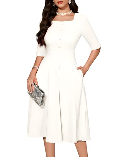 Bbonlinedress Weißes Kleid Damen Vintage Retro Rockabilly Kleider 3/4 arm midilang festliches Cocktailkleid Abendkleider elegant für Hochzeit White...