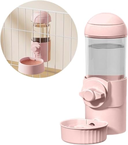猫犬水飲み器 ペット給水器ケージ 固定吊り下げプラスチック製水ボトル自動給水器 重力式で電源不要の自動水補充装置 留守番対応 熱中症を防ぐ 転倒防止 漏れ防止 小動物ウサギ 犬 水飲み 500ml容量 (ピンク)
