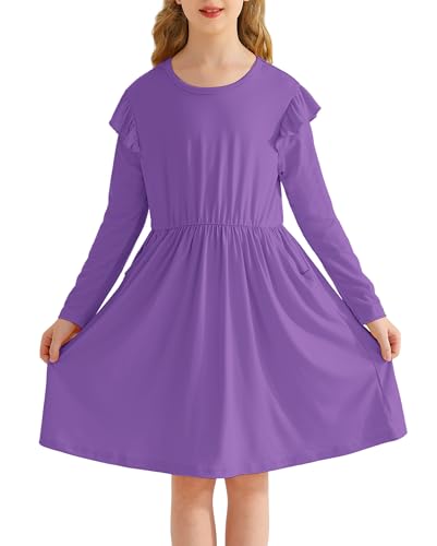 Girls' Long Sleeve Ruffle Trim Dresses Elastic Waist Knee Length Scoop Neck Casual Dress4