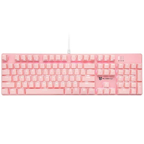 Qisan Teclado mecánico para juegos, teclado con cable, retroiluminación LED rosa, 104 teclas, diseño americano, teclado para juegos con interruptor rojo extraíble