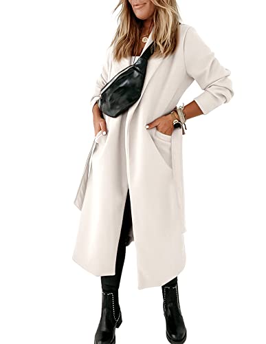 Womens Classic Coat Lapel Collar Open Front Belted Long Jacket