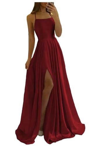Image of Women Long Formal Dress Solid Satin Spaghetti Straps A Line Evening Cocktail Dresses with Slit