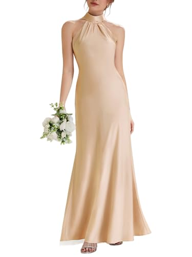 Ever-Pretty Women's Halter Sleeveless Summer Formal Wedding Guest Dress Satin Floor Length Mermaid Bridesmaid Dresses Champagne US08