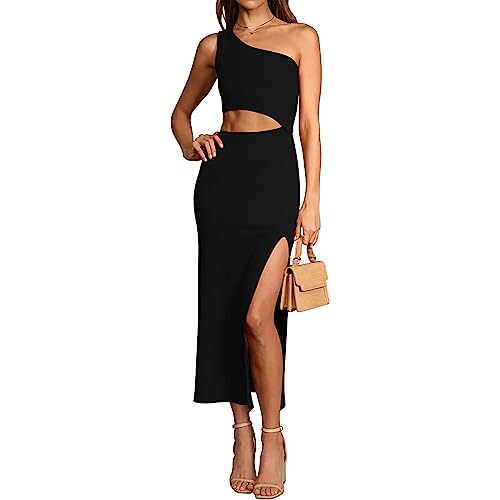 YCHUCH Vestido largo ajustado de tela de cintura alta, color sólido, sin mangas, con un hombro, abertura lateral, ropa de verano para mujer, vestido recortado, Negro, S