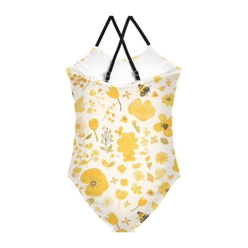 Embroidery Bee Butterfly Flowers Watercolor Kids Girls 1 Piece Swim Suit Beach Swimwear Adjustable Shoulder Strap UPF2