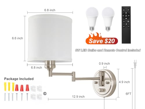 Image of Plug in Wall Sconces with Remote Control, Dimming & Adjustable Colors 2700K-6500K, Hardwire or Plug-in, Swing Arm Wall Lamp with White Fabric Shade, Wall Sconces Set of Two, Brushed Nickel Finish