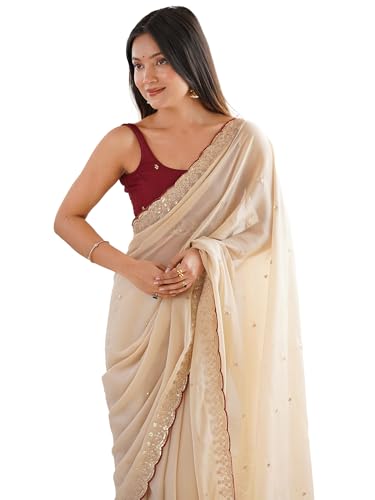 Image of AKHILAM Women's Shimmer Off White Georgette Sequence Embroidery Saree With Unstitched Blouse Piece