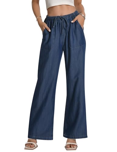 Women's High Waisted Wide Leg Jeans Drawstring Pull on Jeans for Womens Trendy Flowy Lightweight Pants - Main Image