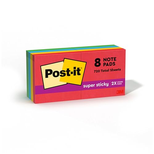 Post-it Super Sticky Notes, 1-7/8 x 1-7/8-Inches, Assorted Neon Colors, 8-Pads/Pack