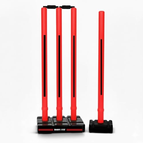 Image of Bodyfit Heavy Cricket Stumps | PVC Wickets Set with 4 Stumps + 2 Bails + 2 Stands | Full Size Wickets for Cricket Ground, Tournament Wicket. (Red-Black)