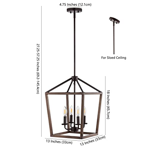 Image of JONATHAN Y Oria 4-Light Lantern Pendant 13 inch, Oil Rubbed Bronze /Faux Wood | Metal Cage Chandelier, Adjustable Downrod, Kitchen Island Foyer Entry Lighting, LED Bulbs Included