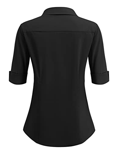 HOTOUCH Women's Basic Button Down Shirts 3/4 Sleeve Stretch Button Up Dress Shirt Slim Fit Waitress Work Shirts3