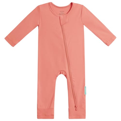 PurComfy Baby Long Sleeve Romper Jumpsuit, Premium Soft Rayon One Piece Pajamas Boy Girl 2-Way Zipper Coverall Sleeper 0-3 Months Coral