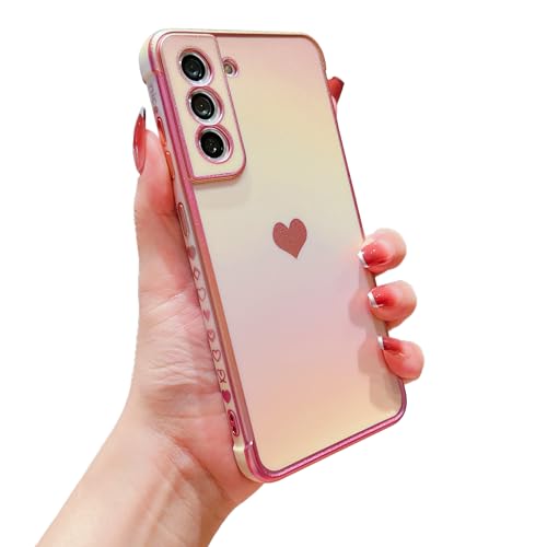 phylla for Samsung Galaxy S22 5g 6.1" Phone Case Luxury Plated Cute Heart Iridescent Rainbow Laser Protective Cover Camera Protection Soft Silicone Shockproof Side Elegant Love Pattern Bumper (Pink)