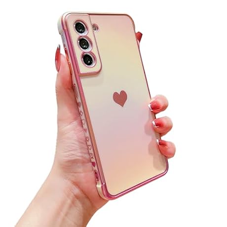 phylla for Samsung Galaxy S22 5g 6.1" Phone Case Luxury Plated Cute Heart Iridescent Rainbow Laser Protective Cover Camera Protection Soft Silicone Shockproof Side Elegant Love Pattern Bumper (Pink)