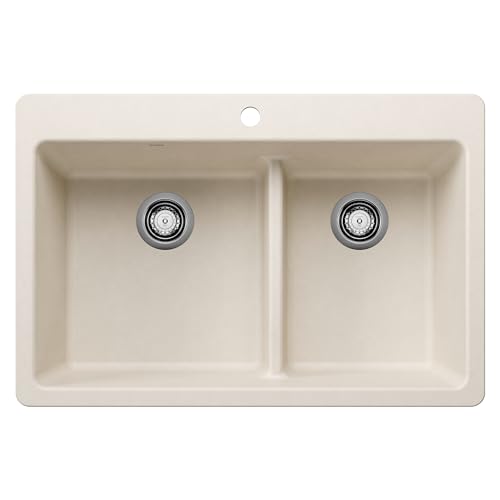 Blanco 403649 Liven SILGRANIT 33" 60/40 Double Bowl Dual Mount Kitchen Sink with Low Divide, Soft White by Blanco - Used condition - CA$515.45