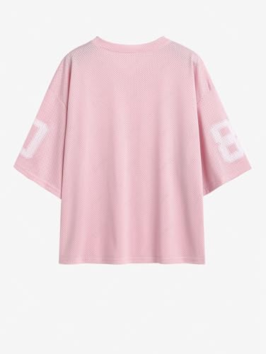Oversized Number Letter Graphic Mesh T-Shirt for Women Vintage V-Neck Jersey Tops Y2k Short Sleeve Football Tee (Pink,Large) — view 5
