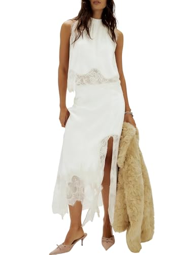QLQLWDD Women Satin 2 Piece Maxi Skirt Set Lace Trim Backless Tank Top Silk Slip Long Skirt Asymmetrical Outfits(A White s)
