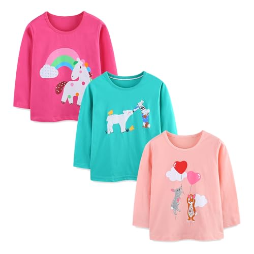 Toddler Girls T-Shirt Knit Cotton Animal Pattern Round Neck Long Sleeve Top Sweatshirt 3 Pack