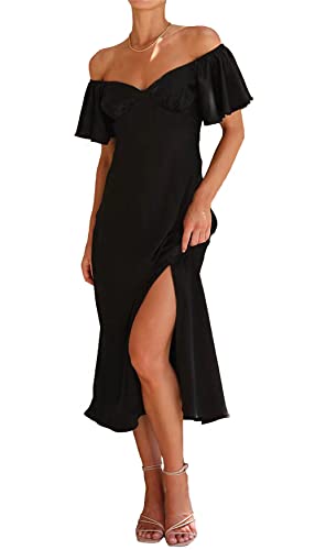2025 Summer Women's Satin Off Shoulder Formal Dress Wedding Guest Elegant Butterfly Sleeve Split Cocktail Prom Midi Dresses