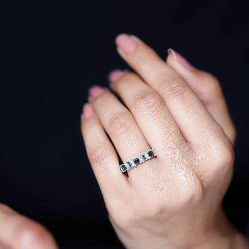 Natural London Blue Topaz Half Eternity Band with Moissanite, AAA Quality, Topaz Anniversary Ring (Ideal for Gift)4