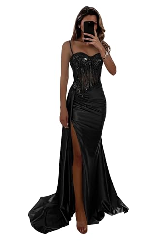 Qgeno Black Prom Dresses Satin Corset Dress Sparkly Lace Applique Long Mermaid Split Ruched Bodycon Formal Evening Gowns for Women US4