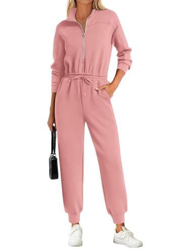 PRETTYGARDEN Long Sleeve Jumpsuits for Women Casual 2026 Fall Fashion Zip Up Pant Rompers One Piece Sweatsuits Travel Outfits (Pink,Small)