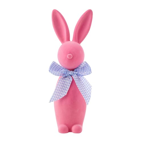 Flocked Bunny Figurine with Bowtie Flocking Rabbit Figures Tabletop Ornament Solid Color Resin Easter Bunny Statue Home Decor Indoor (Pink, 23.5cm)